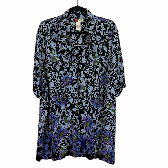 JM Collection Tops - JM Collection Floral Button Front Blouse Black Purple Plus Size 20W Short Sleeve